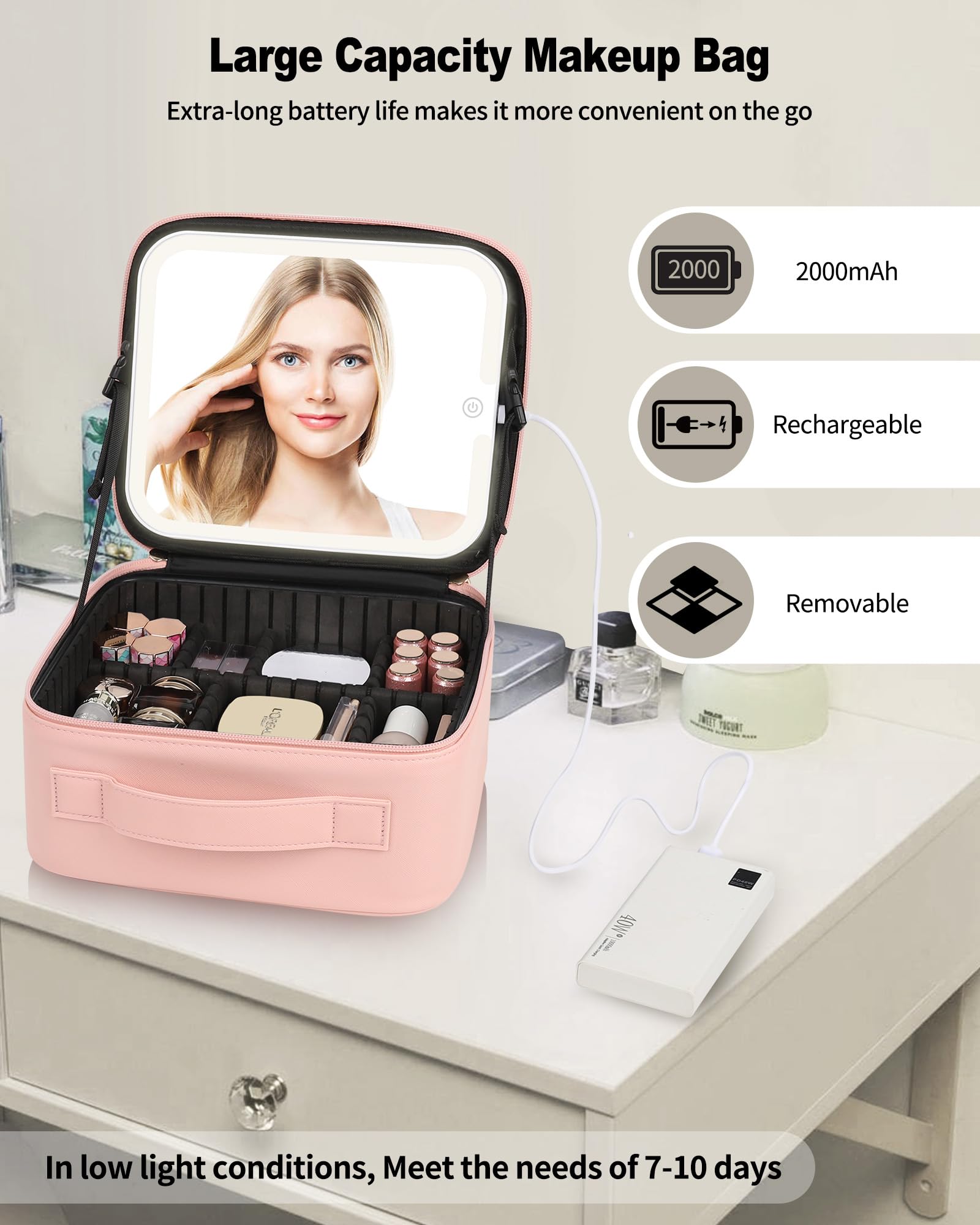 TANTO Makeup Bag With LED Mirror, Travel Makeup Case with Light up Mirror Large Cosmetic Case with 3 Color Lighted Portable Professional Organizer Bag with Adjustable Dividers（Pink）