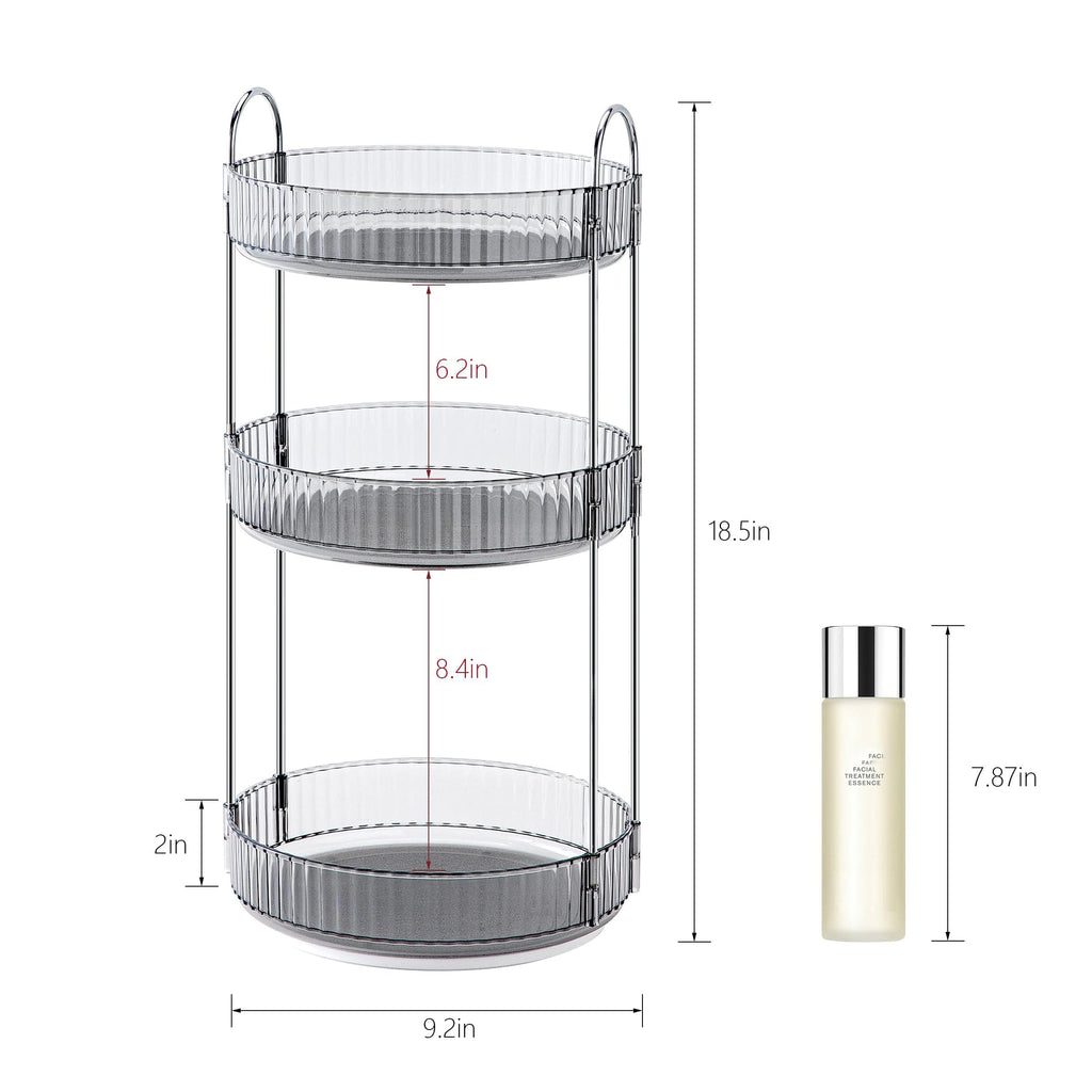 INVSSENE 360° Rotating Makeup Organizer, Bathroom Make Up Spinning Holder Rack, Large Capacity Cosmetics Storage Vanity Shelf Countertop, Fits Cosmetics, Perfume, Skincare, Lipsticks(3 Tiers, Gray)
