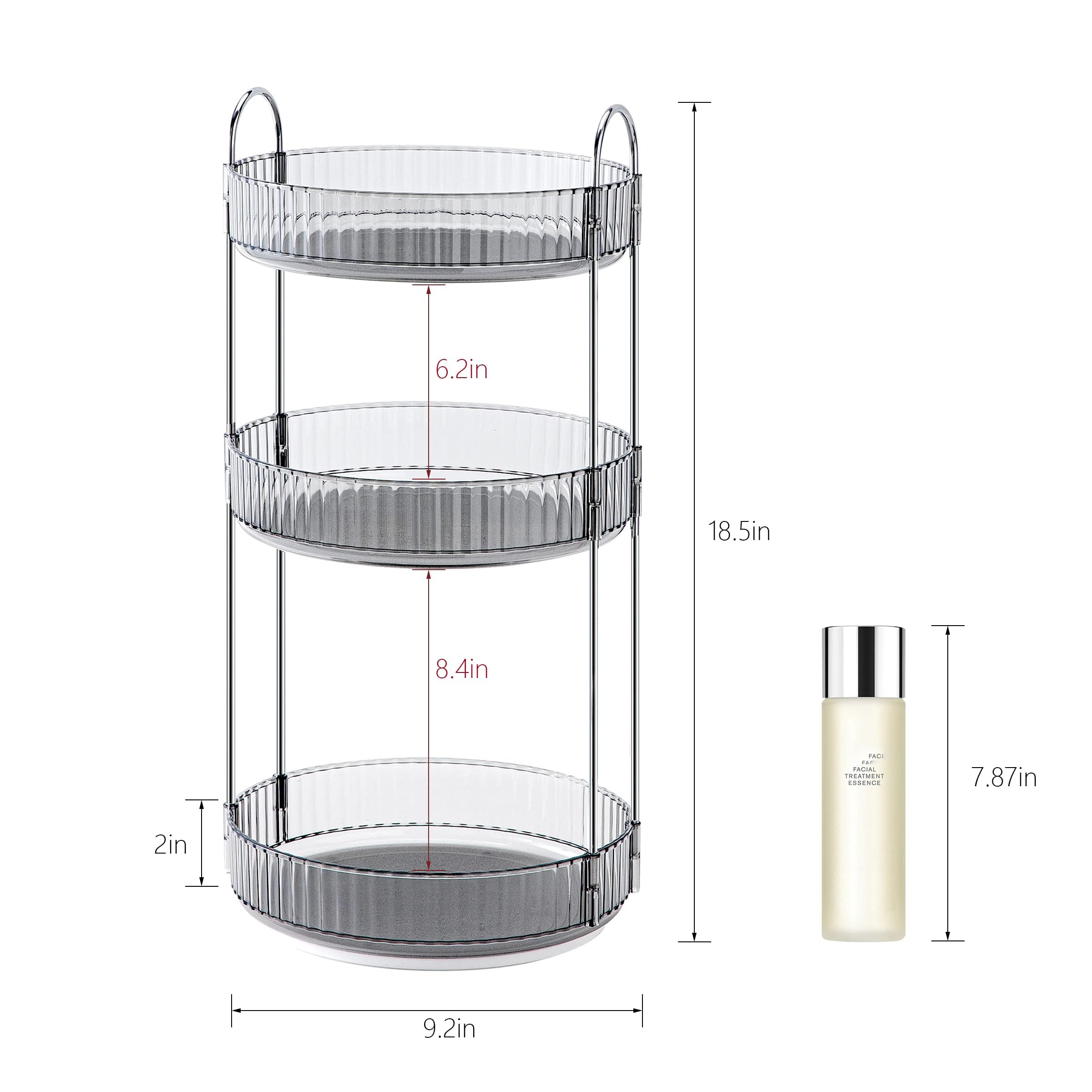 INVSSENE 360° Rotating Makeup Organizer, Bathroom Make Up Spinning Holder Rack, Large Capacity Cosmetics Storage Vanity Shelf Countertop, Fits Cosmetics, Perfume, Skincare, Lipsticks(3 Tiers, Gray)