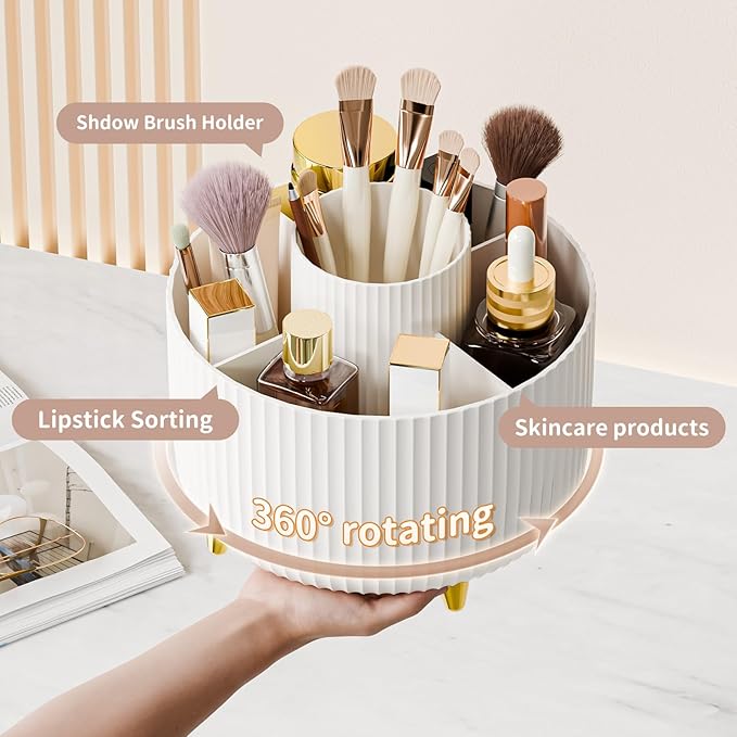 fanado 360° Rotate Makeup Brush Holder Organizer, Makeup Organizers Countertop, Makeup organization and Skincare Storage for Vanity, Desktop, Bathroom (White-1)