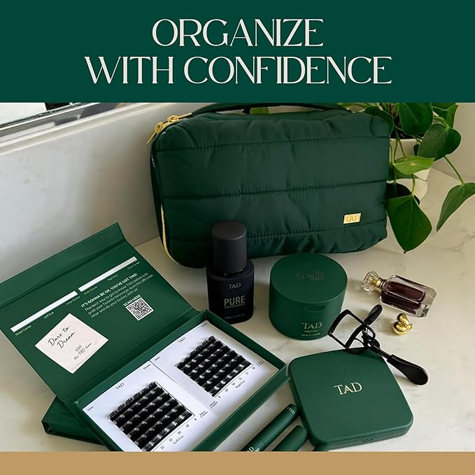 TAD Beauty - Makeup Bag Organizer - Puffy Travel Cosmetic Pouch - Large Capacity Toiletry Case - Makeup Bag with Zippered Mesh Pocket - Storage for Skincare & Beauty Essentials - Chic Green Aesthetic