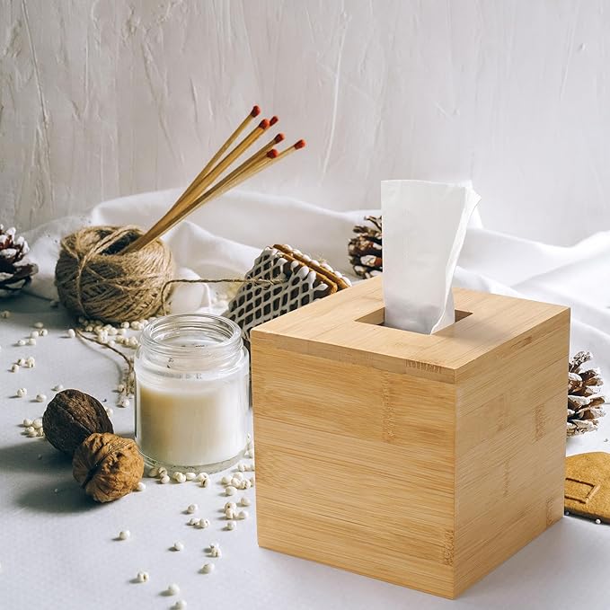 Tissue Box Cover, Square Tissue Box Holder, Bamboo Facial Paper Holder for Bathroom, Bedroom, Dinner Table, Office (1 Pack, 5.7 x 5.7 x 5.7 inch)