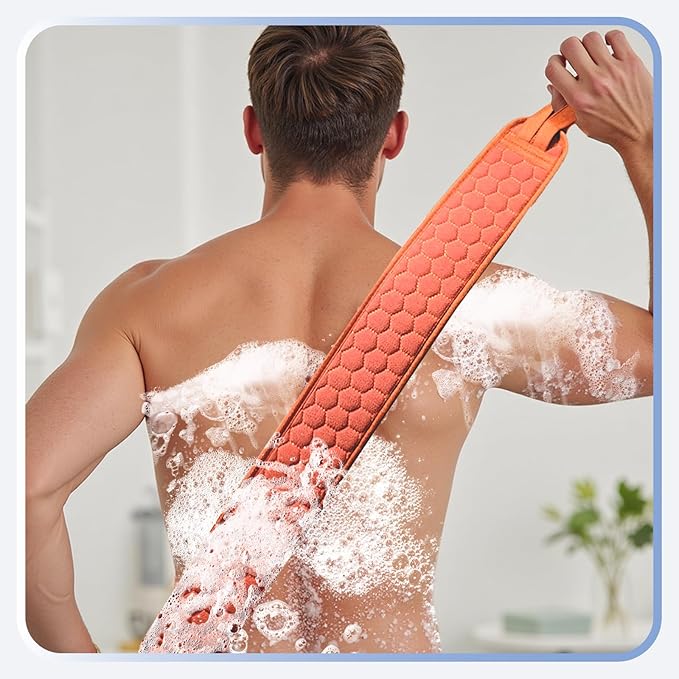 XNXA Back Scrubber for Shower with Handles, 40 Inch Extra Long Double-Sided Exfoliating Bath Strap, Textured Body Washer with Extended Reach for Deep Cleaning (Red)
