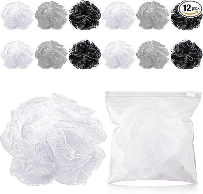 Funnymoom 12 Pcs Travel Size Loofah Individually Wrapped, Small Shower Puff Bath Sponge Pouf Ball Bulk Mesh Bath Puff Mini Loofah Sponge with Case Bulk for Shower Care (25g,Achromatic Colors)