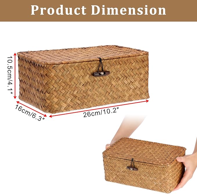 Sumnacon Wicker Basket with Lid, Rectangle Woven Tampon Holders, Caramel