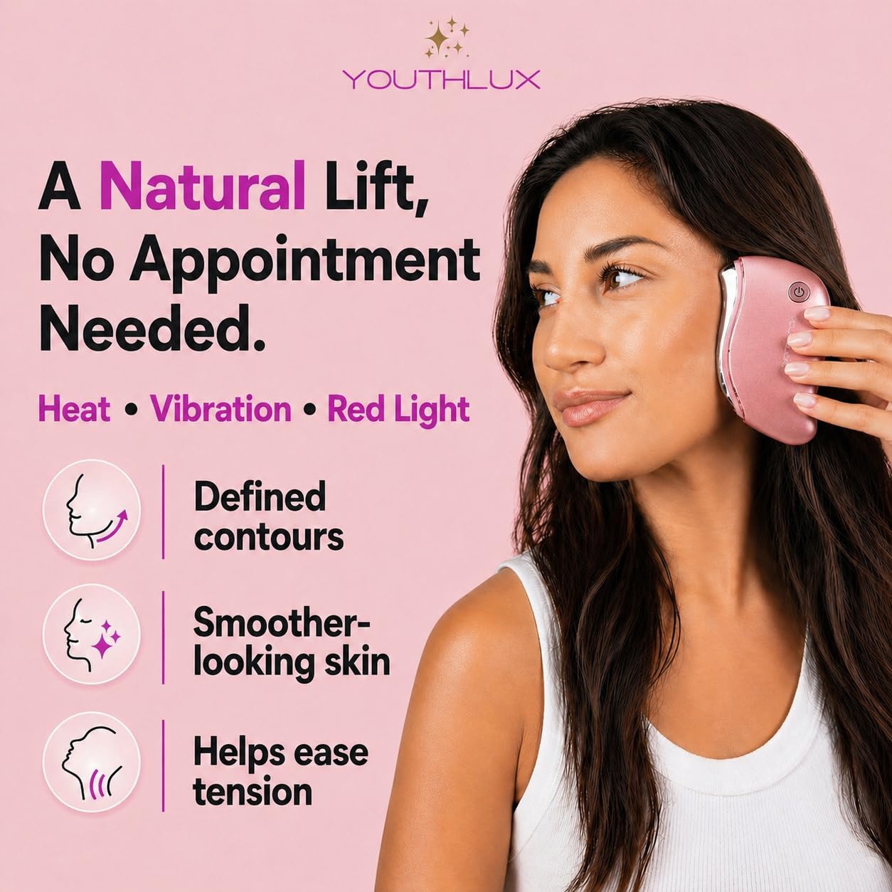 YOUTHLUX ProSculpt Heated Gua Sha Facial Massager – Electric Guasha Tool for Face Sculpting, Relaxation & Skincare | Soothing Vibration Facial Massage Tool with Contoured Design (Rose Gold)