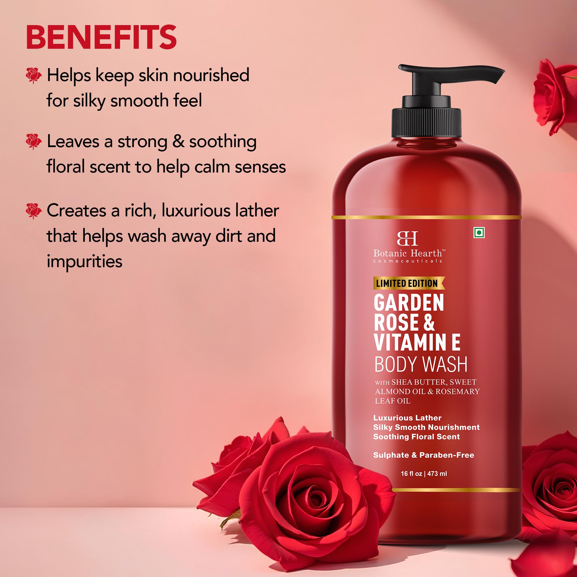 Botanic Hearth Garden Rose & Vitamin E Body Wash – Limited Edition Hydrating Shower Gel with Shea Butter & Sweet Almond Oil, Luxurious Lather, Sulfate & Paraben Free – 16 fl oz