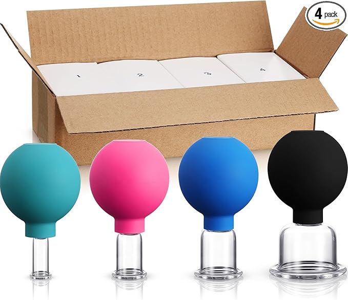 BBTO 4 Pieces Glass Cupping Set Glass Silicone Cupping Cups Massage Vacuum Suction Cups for Body Face Leg Arm Back Shoulder Muscle and Joint Pain(Multicolor)