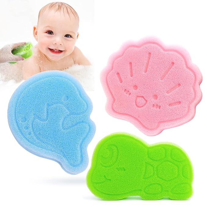 DANCELF Baby Bath Sponge, Natural Cute Shapes Soft Shower Sponges for Bathing, Bathtub Foam for Infants and Toddler, 3pcs: Blue Dolphin, Pink Shell, Green Turtle