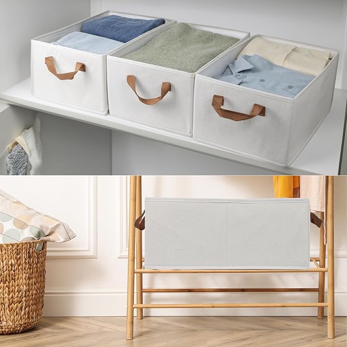 Pack of 3 Large Capacity Storage Bins Closet Organizer System, Sturdy Foldable Boxes for Organizing Clothing, Sheets, Toys, Books - Shelf Shelves Basket Bin Linen White