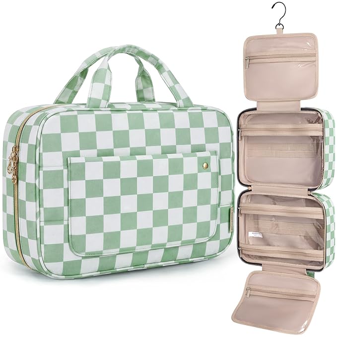 BAGSMART Toiletry Bag Travel Bag with Hanging Hook,Checkered Makeup Cosmetic Bag Travel Organizer for Accessories, Shampoo, Full-size Container, Toiletries (Green Checkerboard, Medium)