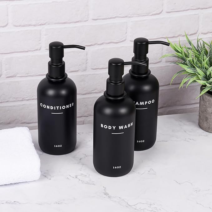 Set of 3 Shampoo and Conditioner Dispenser Stainless Steel Pump Head - 16oz Durable Shower Soap Dispenser and Shampoo Bottles - Easy to Refill Bathroom soap Dispenser Set Bathroom Decor with Labels