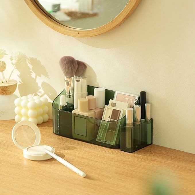 Makeup Tray Holder Organizer Cosmetic Display Case Tabletop Desktop Vanity Countertop Bathroom Wall Cabinet Medicine Storage Box 9 Dividers 2 Removable Women Ladies Girls Gifts Crystal Green 1 PACK
