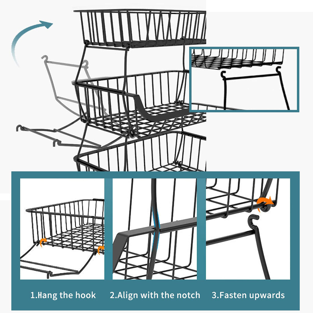 KOLENSA Metal Wire Baskets with Wheels, Stackable Storage Bins Kitchen Organizer Shelf 3-4-5-6 Tier Fruit Vegetable Cart Dishes Seasonal Rack Shelves for Garage, Pantry, Bathroom