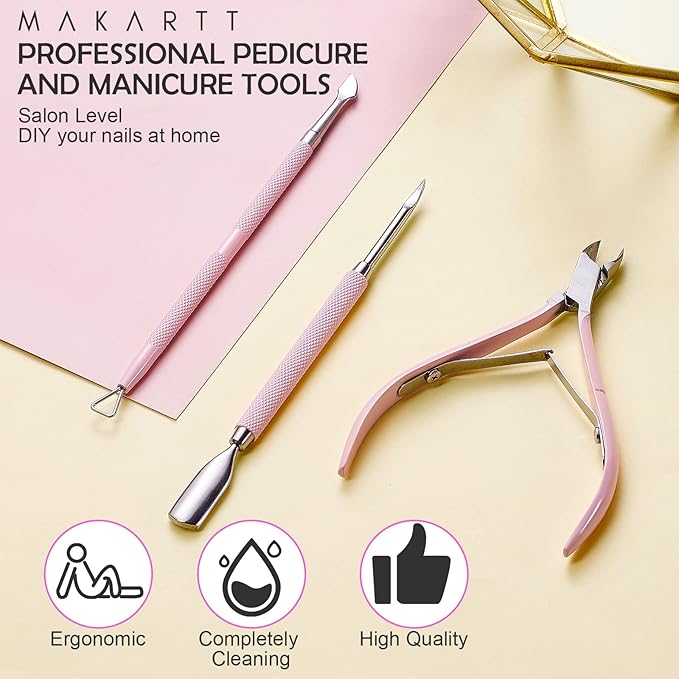 Makartt Cuticle Trimmer with Cuticle Pusher, 3 PCS Pink Nail Cuticle Nipper Professional Pedicure Manicure Tools with Stainless Steel Dual End Pusher, Nail Scraper