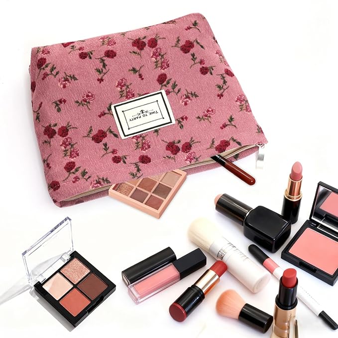 Dqwtb 1pcs Floral Makeup Bag for Women Travel Cosmetic Pouch Toiletry Organizer for Skincare Brushes and Daily Essentials 8.27x7.28x1.97 inch(Flower-1, Rose)