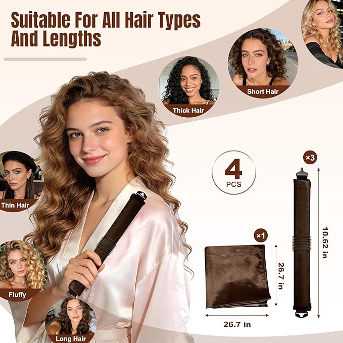 TULOBI 3 Pcs Heatless Curls Overnight - Velvet Heatless Hair Curler with Satin Scarf, Overnight Jumbo Rods, Blowout Hair Curlers to Sleep in for Fine/Thick/Long Hair (Brown)