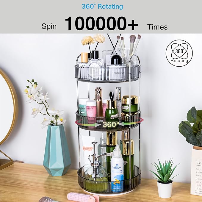 Niluks 360 Rotating Makeup Organizer, 3 Tier Large Capacity Lazy Susan Bathroom Counter Organizer, Skincare Organizers, Spinning Perfume Organizer & Vanity Organizer Countertop (Classic Grey, 3 Tier)