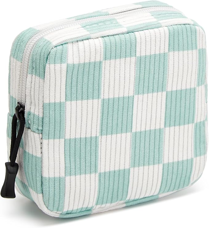 ZOEMTIU Small Makeup Bag for Purse,Mini Cosmetics Bag cute Zipper corduroy Cosmetic Pouch Storage Pouch Travel Toiletry Organizer for Women Girls(Checkered Green)
