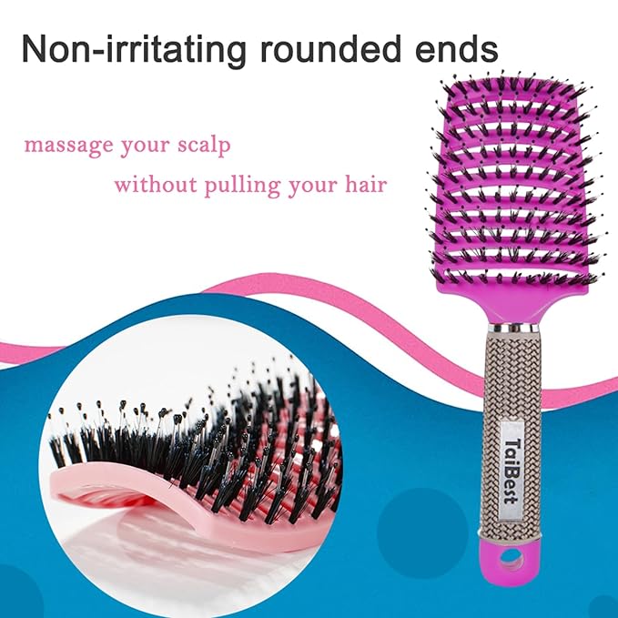 TaiBest Boar Bristle Hair Brush Set - Dry/Wet Hair Brush Detangler for Fine, Thick, Curly Hair - Curved and Vented Brush for Women, Men or Kids (Rose Red & Apricot Pink)