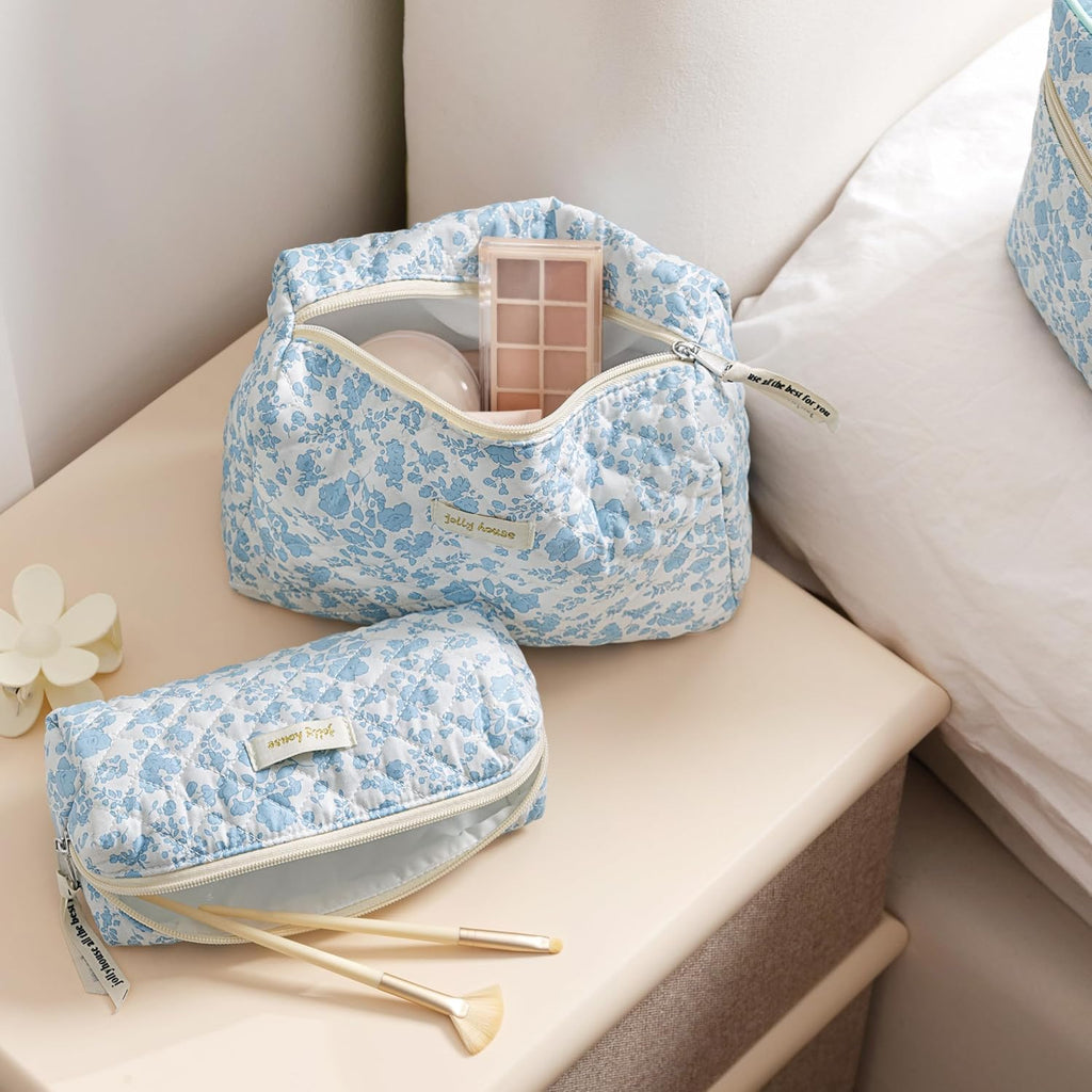 HBselect Quilted Makeup Bag, 3Pcs Cotton Large Travel Makeup Bags Organizer