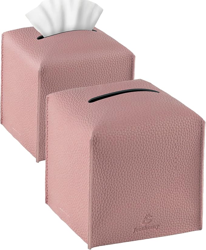 Tissue Box Cover, Jeethemy Square PU Leather Tissue Box Holder, Modern Tissue Case Facial Paper Organizer Dispenser，5X5X5'',Double Pink