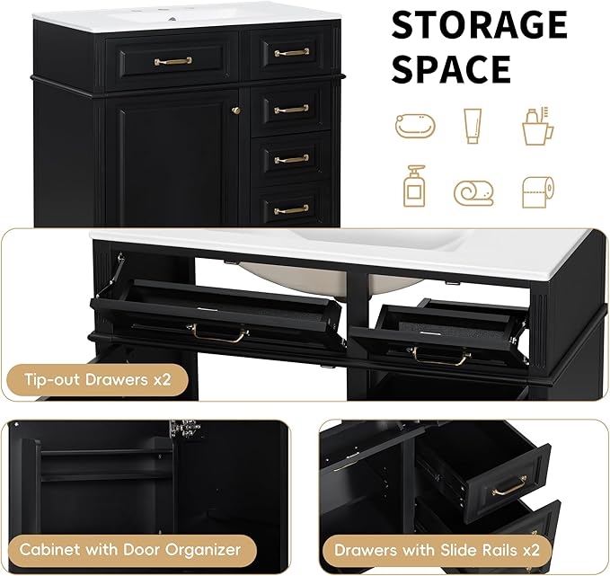Harper & Bright Designs 36" Bathroom Vanity with Sink, Free Standing Vanity Set with 4 Drawers, Storage Racks, and Adjustable Shelf, Wood Bathroom Cabinet with Ceramic Basin for Bathroom, Black