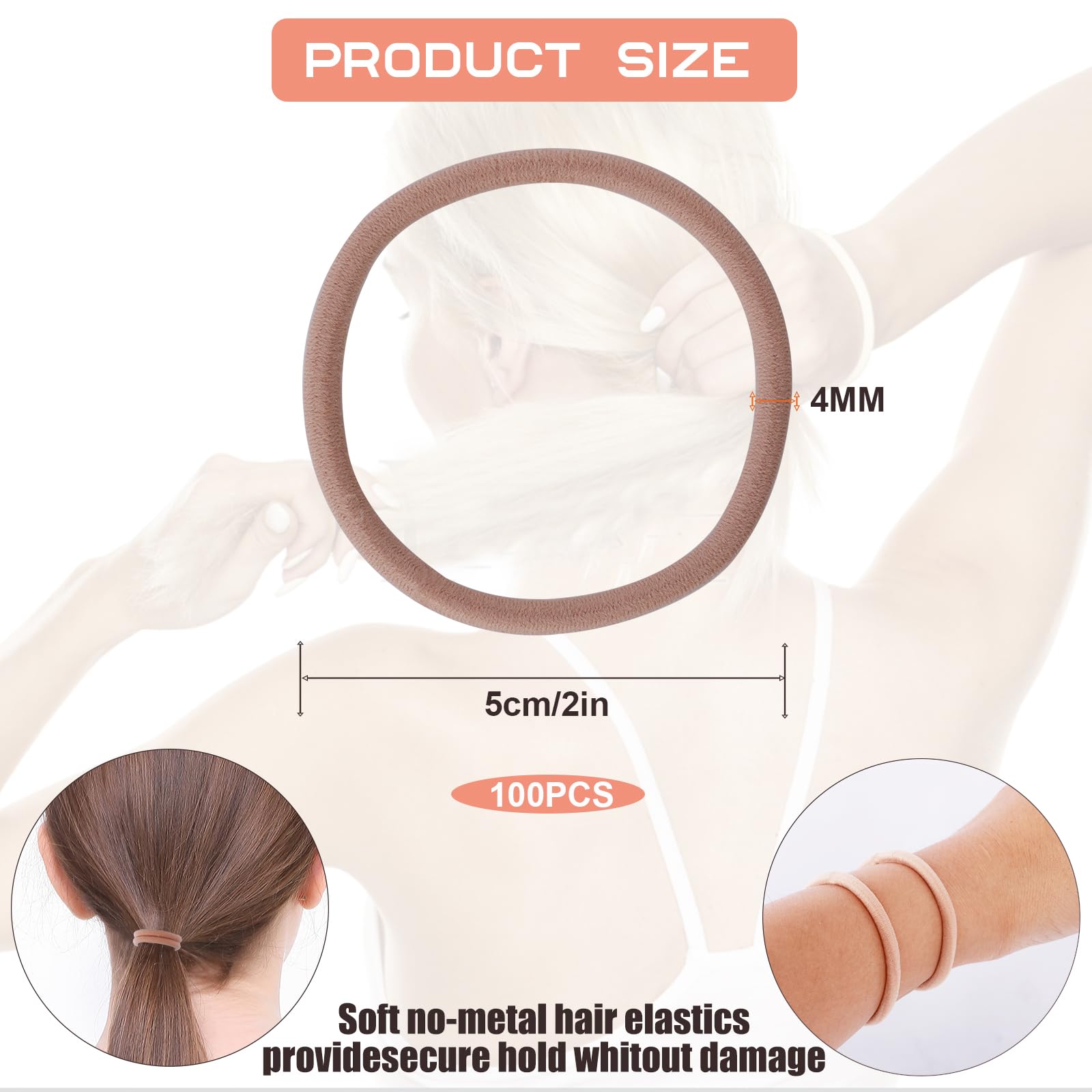 100PCS Hair Tie, 4MM Elastic Hair Ties No Damage Ponytail Holder for Women, Men and Girls (4mm Beige Blonde)