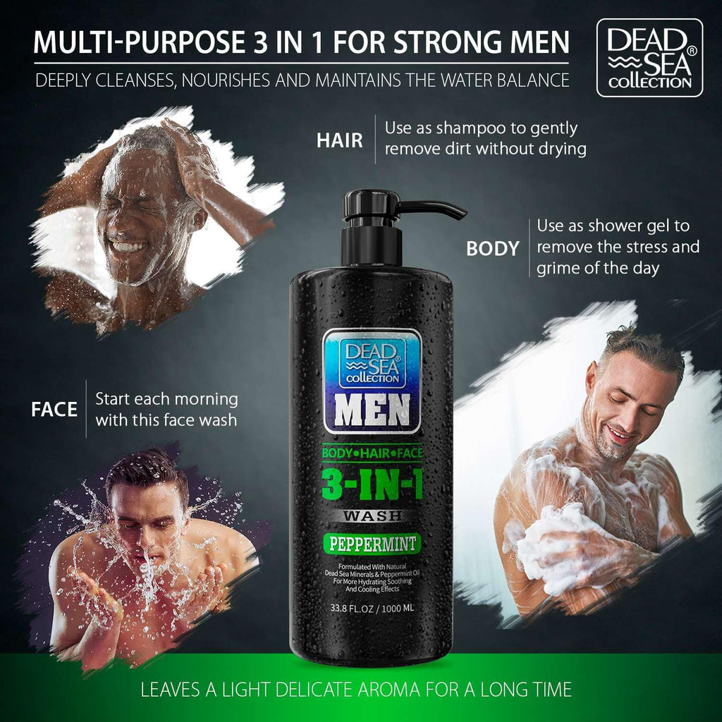 Dead Sea Collection Peppermint Men’s Body Wash – 3 in 1 Body Wash for Men for Hair, Face & Body – Moisturizing Shower Gel with Dead Sea Minerals – Pack of 2 (33.8 fl oz each)