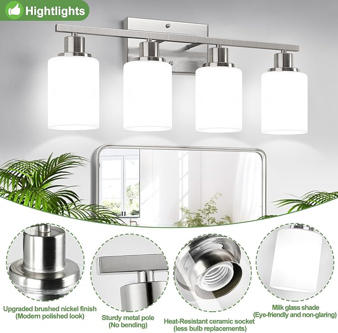 4-Light Bathroom Light Fixtures, Brushed Nickel Vanity Lights with Milk Glass Shades, Modern Bathroom Wall Lamp for Mirror Living Room Bedroom Porch