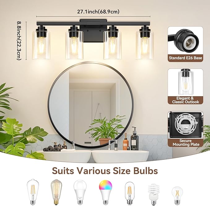 VerRon Black 4 Lights Bathroom Light Fixtures Over Mirror 27 Inches