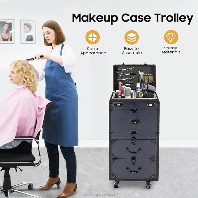 SuiYuLn Professional Rolling Makeup Case for Hairstylists - Large Retro Train Case Trolley with Combination Lock & Metal Wheels,Mobile Storage Organizer for Barber,Cosmetology Tools&Cosmetics (Blue)