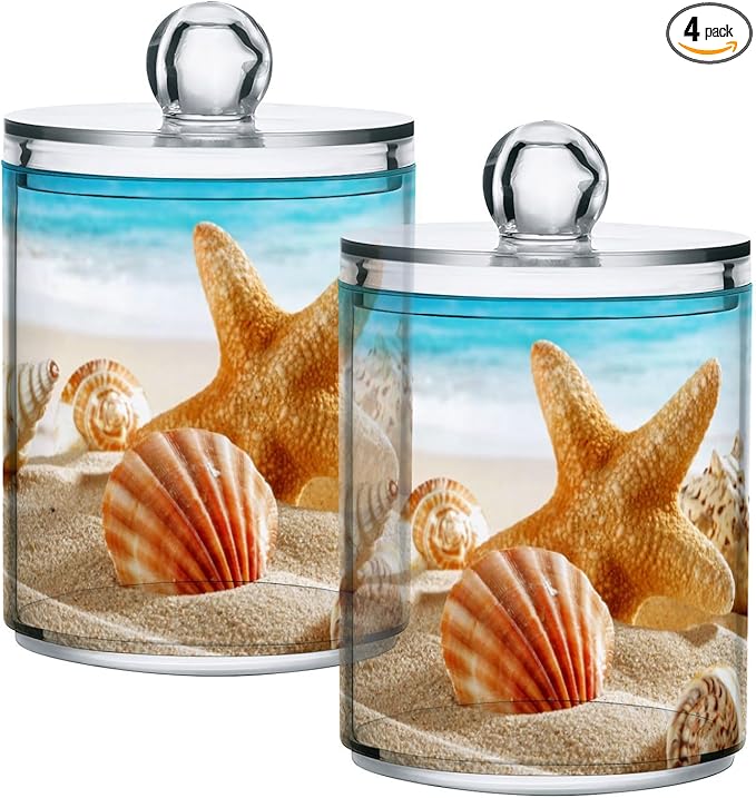 ALAZA 4 Pack Qtip Holder Dispenser Beach Starfish Ocean 2 Cotton Ball Cotton Swab Round Pads Floss Clear Bathroom Storage Containers Plastic Apothecary Jars with Lids