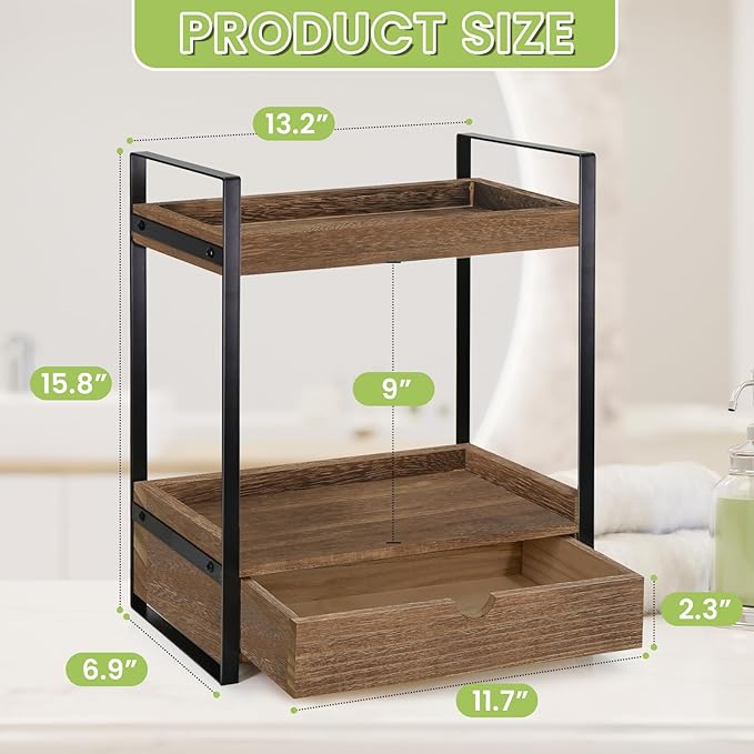 Ukonvi 2-Tier Bathroom Organizer Countertop with Drawer, Wood Counter Shelf for Storage, Vanity Tray for Organization and Decor, Countertop Organizer for Bathroom, Kitchen, Office (Dark Brown)