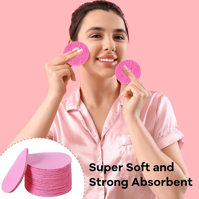 100-Count Facial Sponges Compressed Natural Cellulose Sponge Round Shape Face Sponge for Face Cleansing Exfoliating and Makeup Removal, Pink