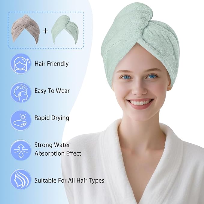 Microfiber Hair Drying Towel Wrap for Women, Hair Turbans Towel for Wet Hair,turbie Twist Hair Towels(The Color of the Picture is for Reference only) (Gray,Light Green)