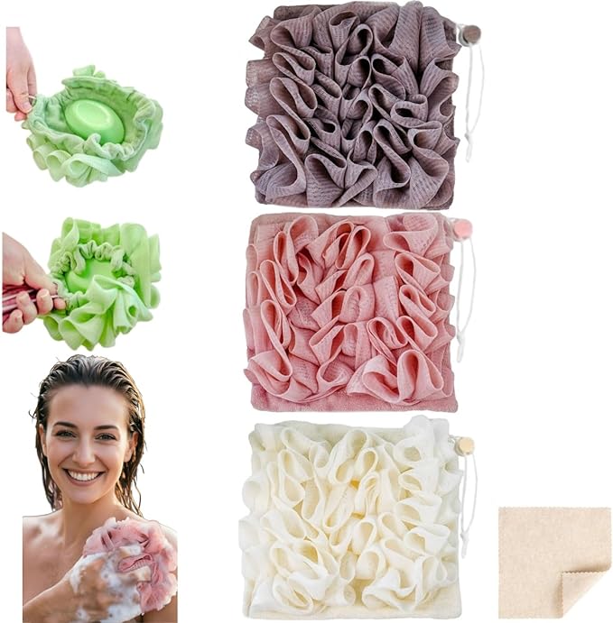 Washcloth Loofah Combo 2-in-1 Loufee Wash Cloth that Holds Bar Soap-Exfoliation Mesh Shower Ball for Body Wash&Smooth Skin+Free Loofah Dish Towel
