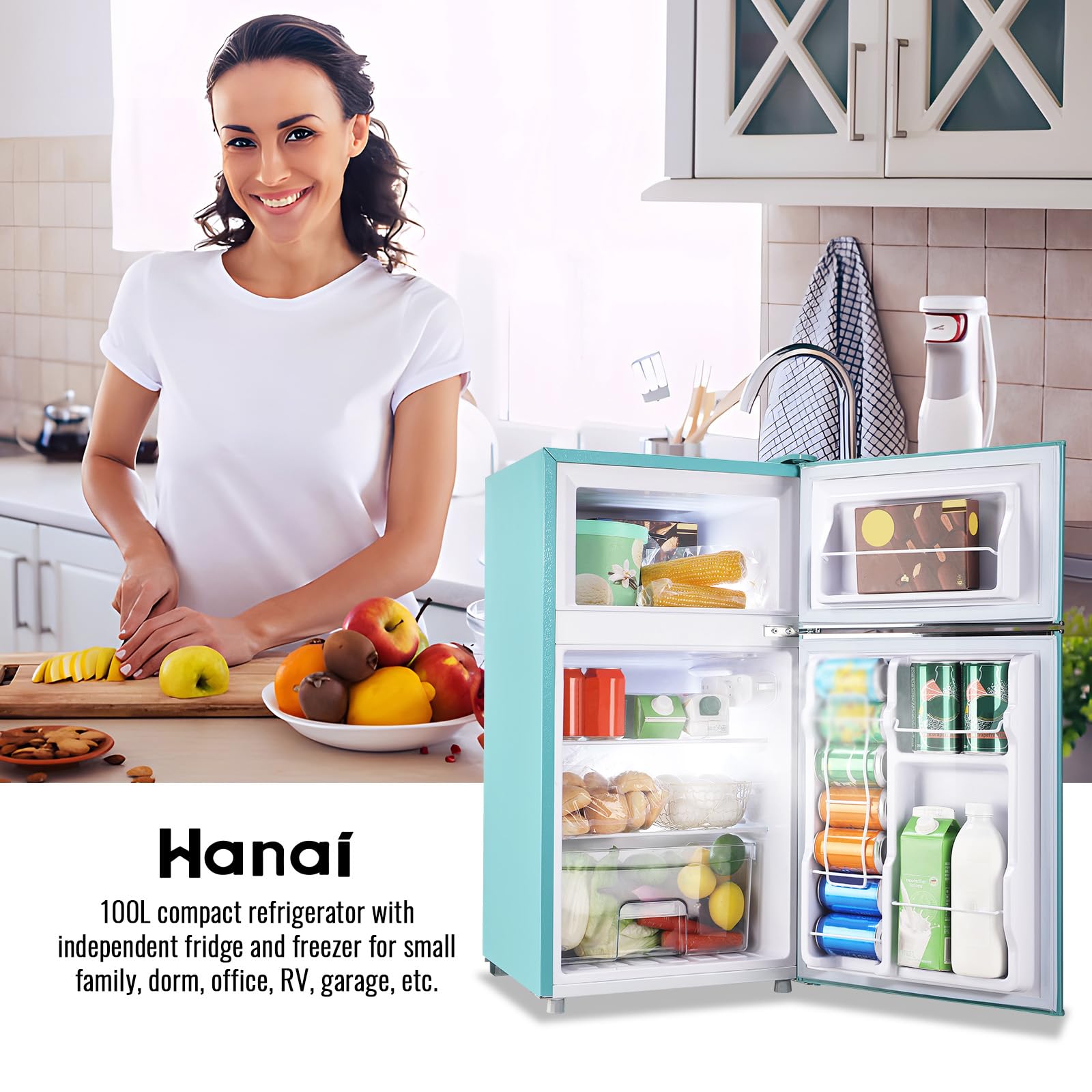 WANAI 3.5 Cu.ft Refrigerators Full-sized Fridge with Freezer Handles Blue Fridge Dual Door Classic Retro Refrigerator Removable Glass Shelves Adjustable Thermostat for Home Office Dorm RV