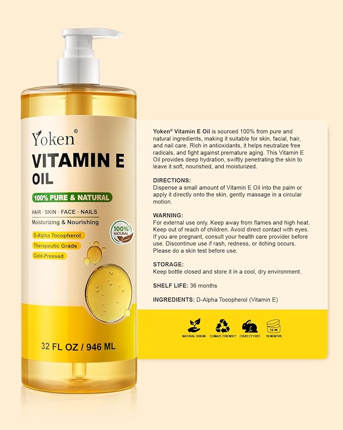 Yoken Vitamin E Oil for Skin 32 Oz Bulk Cold Pressed DIY Body oils for Face