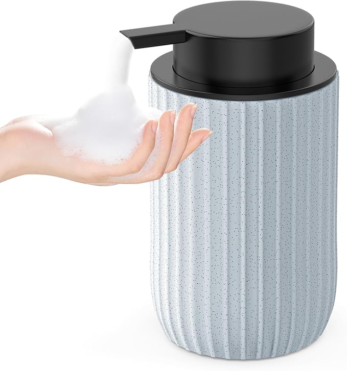 POSOSTO Ceramic Foaming Hand Soap Dispenser，12 oz Bathroom Soap Dispensers， Lotion Dispenser for Kitchen, Refillable Matte Streaks Soap Dispenser with Large Pump (Blue)
