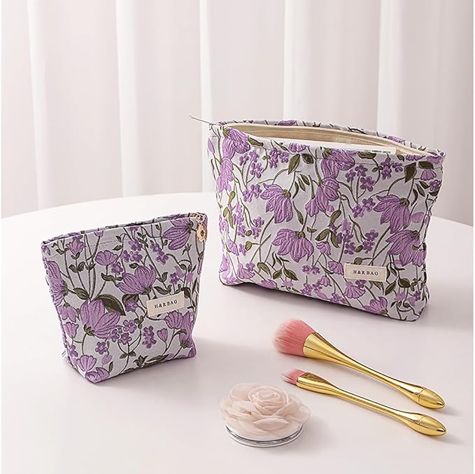 getgto 2 Pcs Makeup Bags, Large Cosmetic Bag Travel Toiletry Bag Organizer for Women, Embroidery Craft, Floral Makeup Bag Small Cosmetic Pouch Purse with Zipper Gifts for Girls Teen