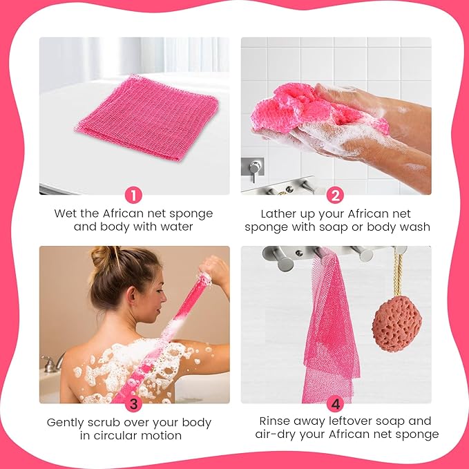 African Net Sponge, Authentic Exfoliating Body Scrubber for Bath and Shower, Multiple Textures with Gentle Deep Exfoliating and Rich Lather for All Skins (Pink)