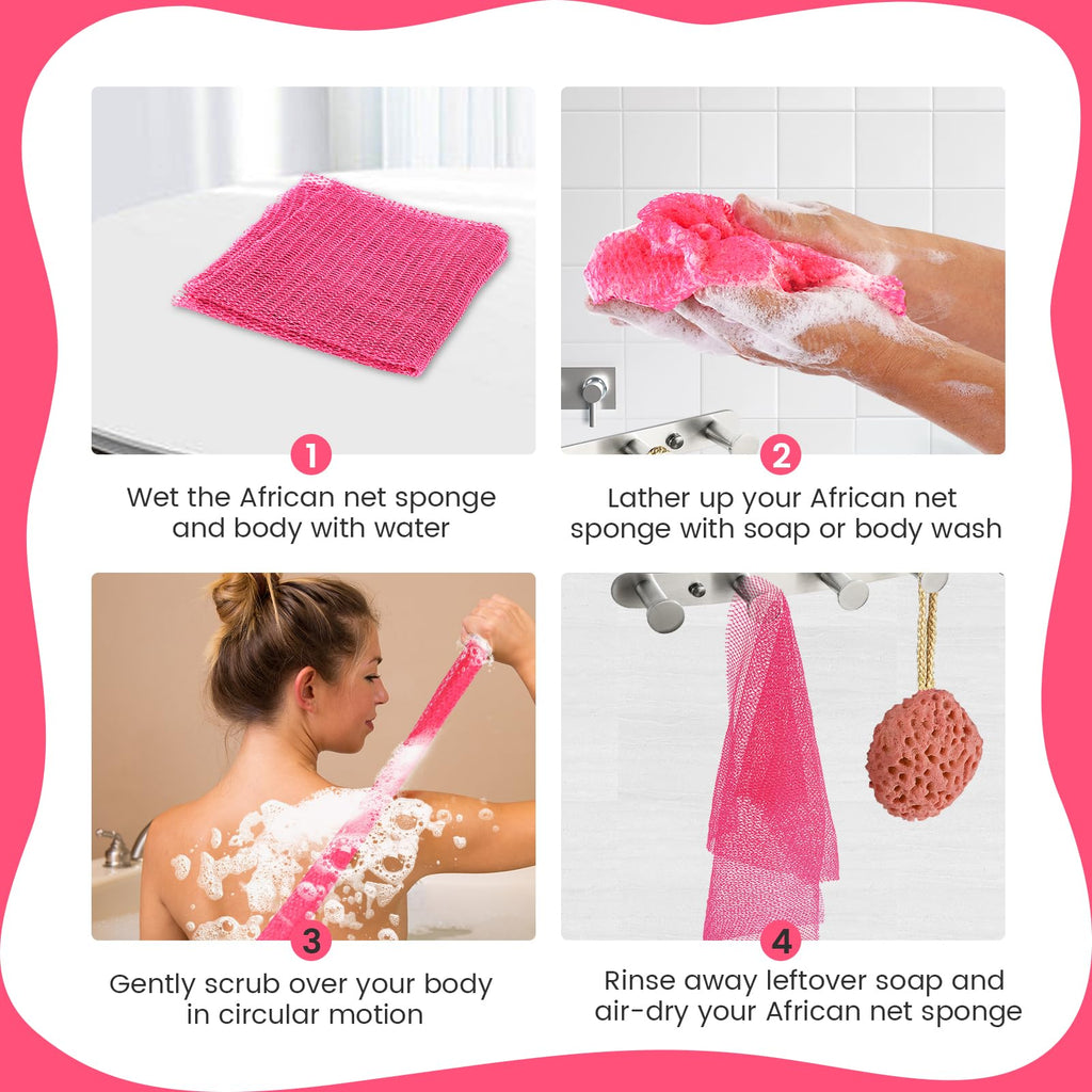 ZOCY African Net Sponge, Authentic Exfoliating Body Scrubber for Bath and Shower, Multiple Textures with Gentle Deep Exfoliating and Rich Lather for All Skins (Pink)