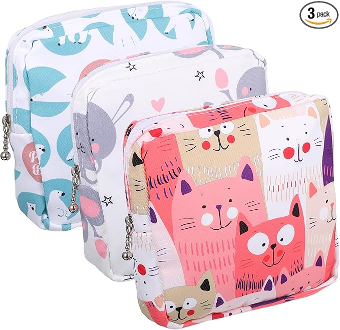 3 PCS Sanitary Pad Storage Bag Portable Period Bag for Teen Pads/Sanitary Napkins/Tampons, Sanitary Napkin Storage Bags First Period Gifts for School, Hygiene Bags Travel Containers (Pink,Grey, Blue)