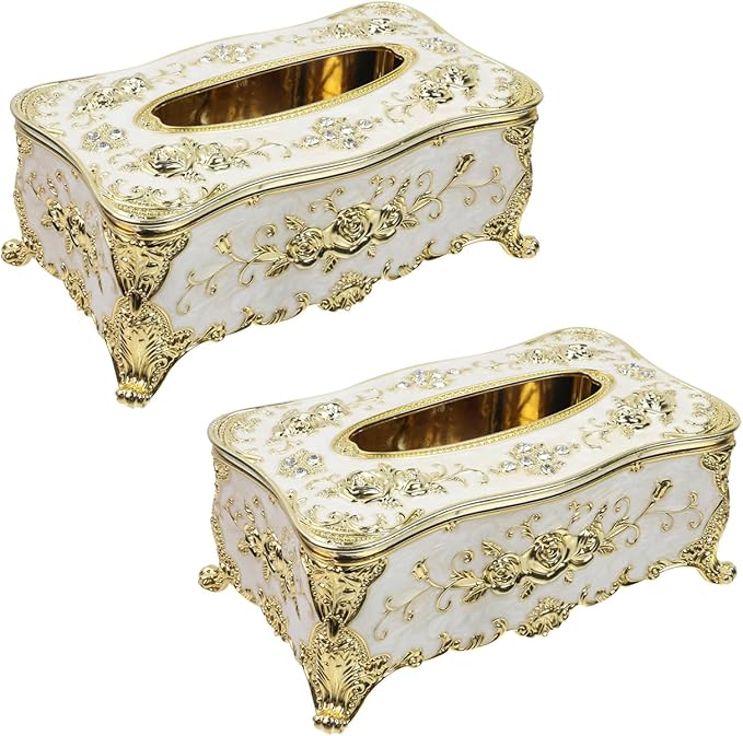 Geesatis Tissue Box Cover Tissue Box Holder Facial Tissue Paper Organizer Luxury Facial Napkin Holder for Home, Gold, 2 Pcs,9x5x3.7inch