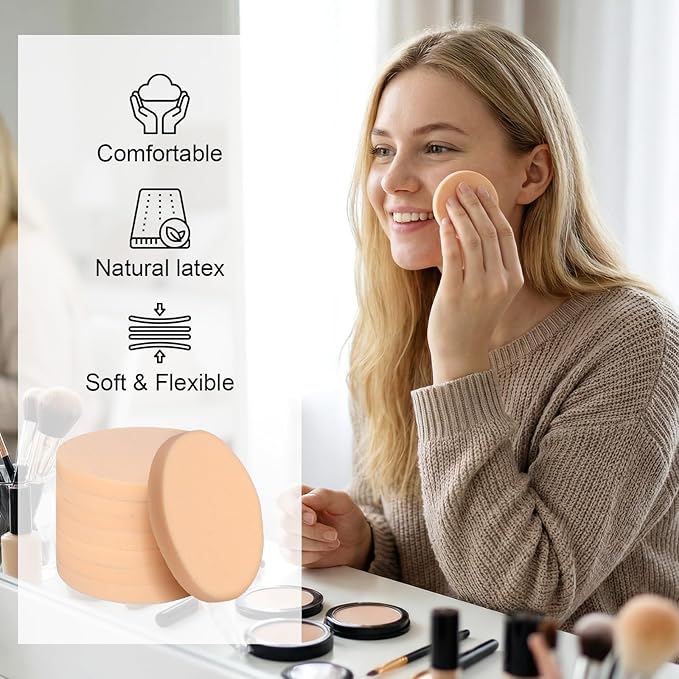 12 PCS Nude Round Makeup Sponge Flat Make Up Sponges Smooth Cosmetic Sponge Facial Powder Puff Eye Foundation Beauty Makeup Pads for Women Lady All Skin Types Wet and Dry Dual Use