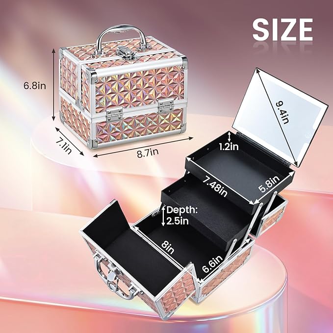 Faquenc Makeup Case with Lighted Mirror - Shiny Gold Hard Makeup Train Case with 3-Color LED Mirror, Portable Makeup Organizer Box for Women & Travel, Aluminum Cosmetic Case with Lock