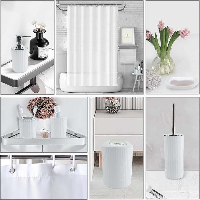White Bathroom Accessories Set, 10Pcs Bathroom Accessory Sets Complete with Trash Can, Shower Curtain, Vanity Tray, Soap Dispenser, Soap Dish, Toothbrush Holder&Cup, Toilet Brush&Holder, Qtip Holder