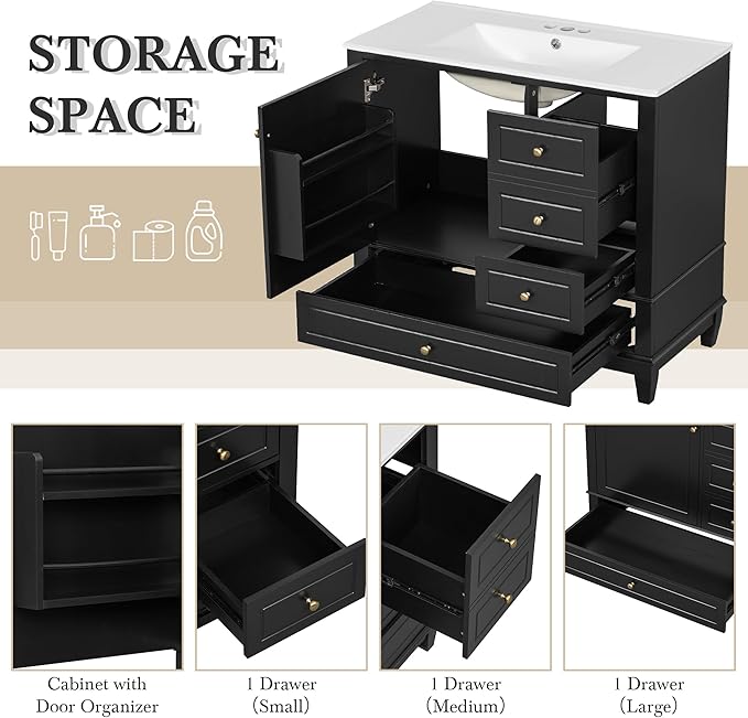 36" Bathroom Vanity with Sink, Harper & Bright Designs Free Standing Single Vanity Set with 3 Drawers and One Door with Storage Racks, Solid Wood Storage Cabinet with Ceramic Basin for Bathroom, Black