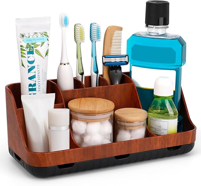 GFWARE Bathroom Toothbrush Holder Set with 2 Pack Qtip Holder Dispenser - 7 Slots Kids Bathroom Accessory Sets with Drainage, Q Tip Holder for Bathroom Sink Counter Accessories Set